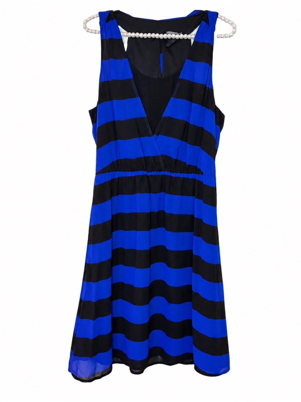 H&M Cobalt Blue Black Striped Dress | Racerback Sheer V-Neck | Size 10